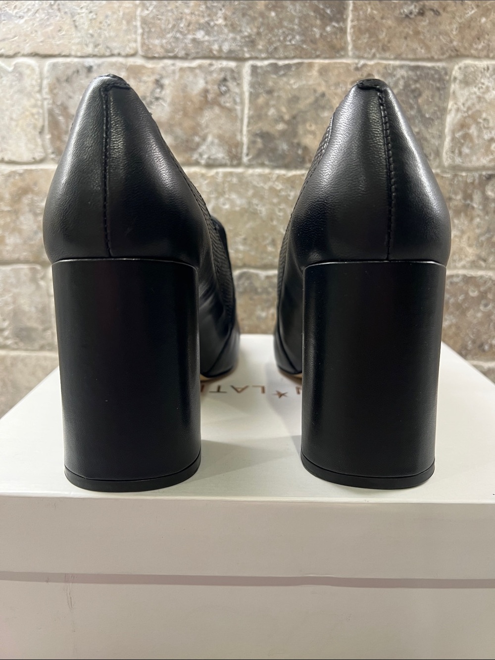 Gibson Latimer Black Leather Block Heel Loafers with Gold Chain - Picture 3 of 6